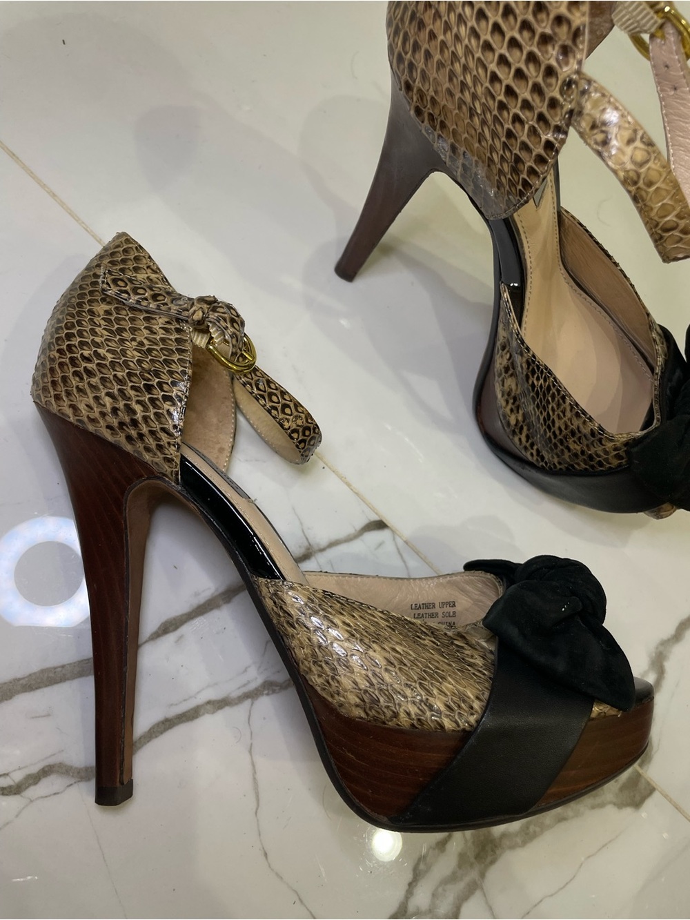 Classiques Entier Tan Snake-Print Platform Heels with Black Bow